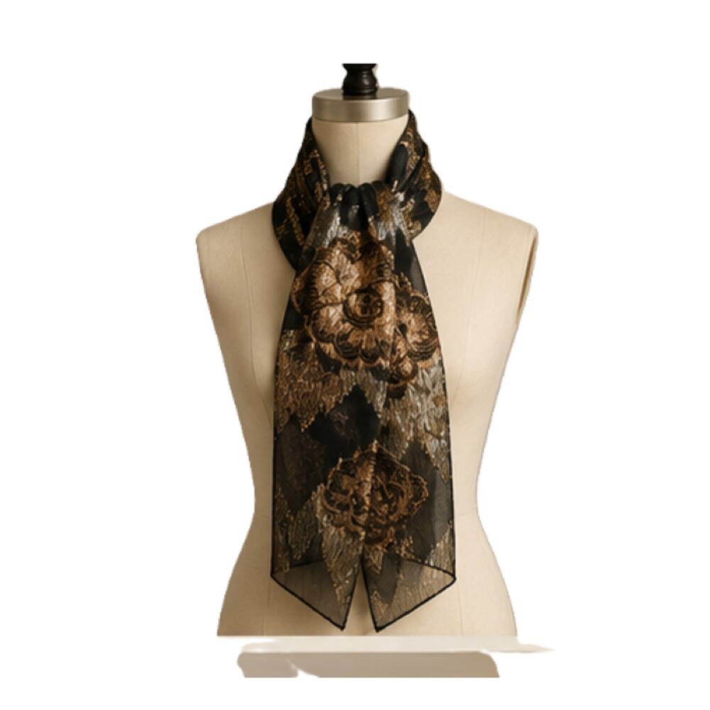 Vintage Black Gold Metallic Floral Lame Scarf 56 x 10 Sheer Polyester Evening